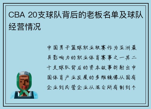 CBA 20支球队背后的老板名单及球队经营情况